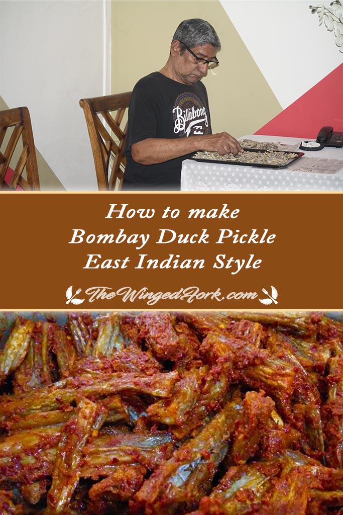 Pinterest image of dad making East Indian bombay duck pickle.