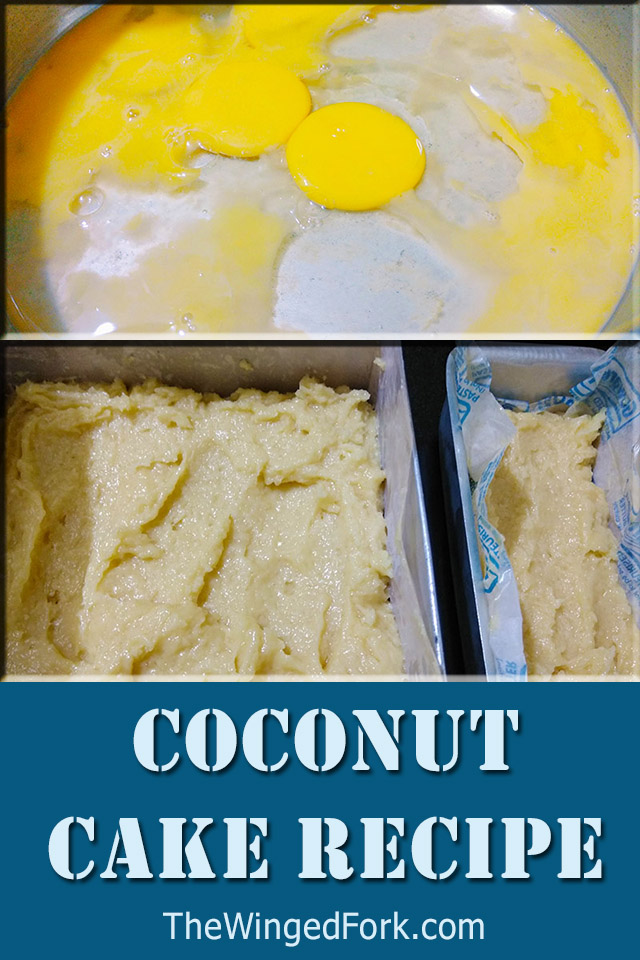 Pinterest image of a pot with eggs and a baking tray with Coconut Cake for a post about how to make the dense coconut cake.