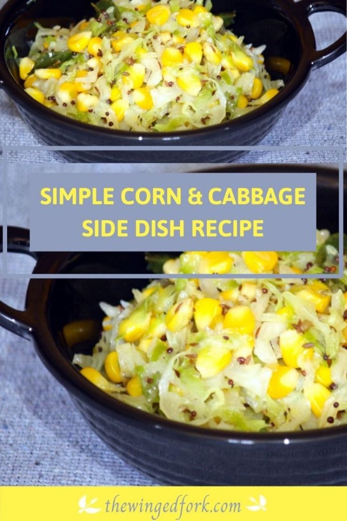 Pinterest image of simple corn and cabbage side dish.