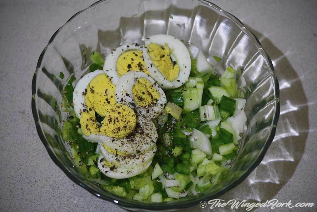 You need green pepper eggs cucumber spring onion and pepper - By Abby from AbbysPlate