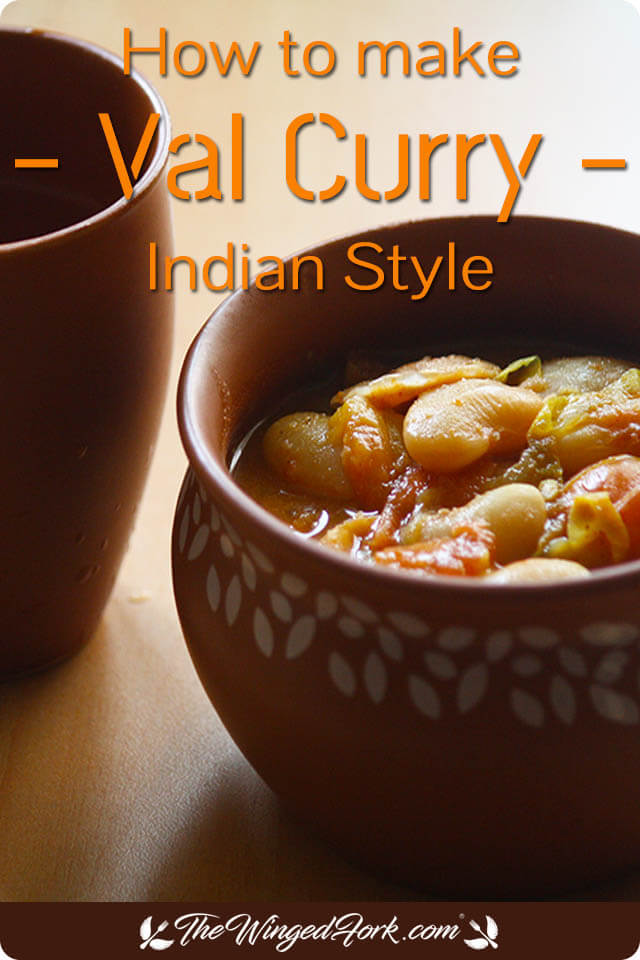 Pinterest image of How to make Vaal curry, served in an earthen vessel with a earthen water glass next to it.