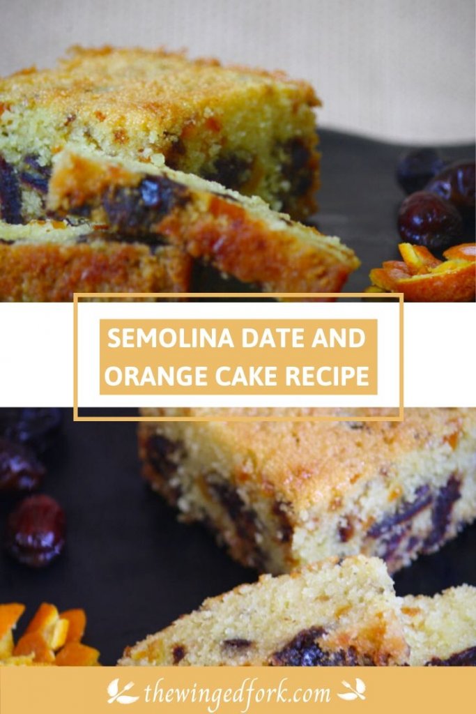 Pictures of Semolina date and orange cake recipe in a Pinterest image