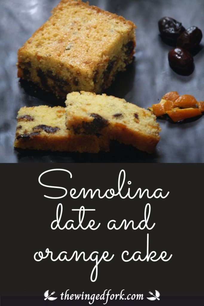 Picture of Suji date and orange cake with dates and orange peel for Pinterest