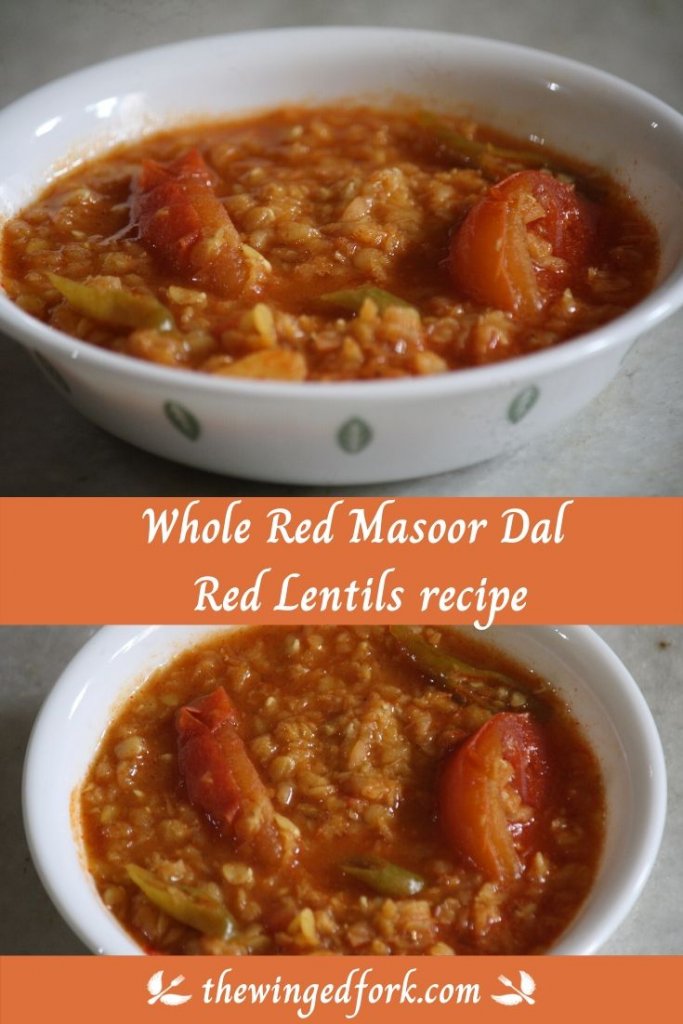Pinterest image with pictures of Whole Red Masoor dal (red lentils) ready to be served in a white dish.