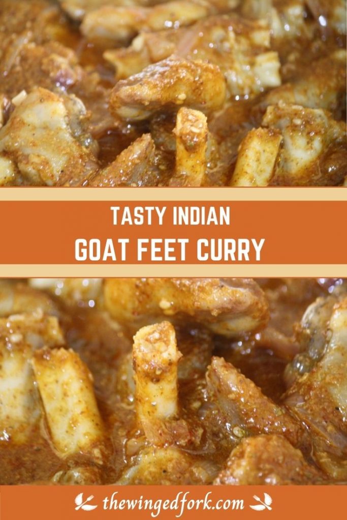 Pinterest image of spicy Indian Goat feet curry.