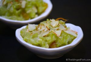 2 servings of bottle gourd halwa in white bowls.
