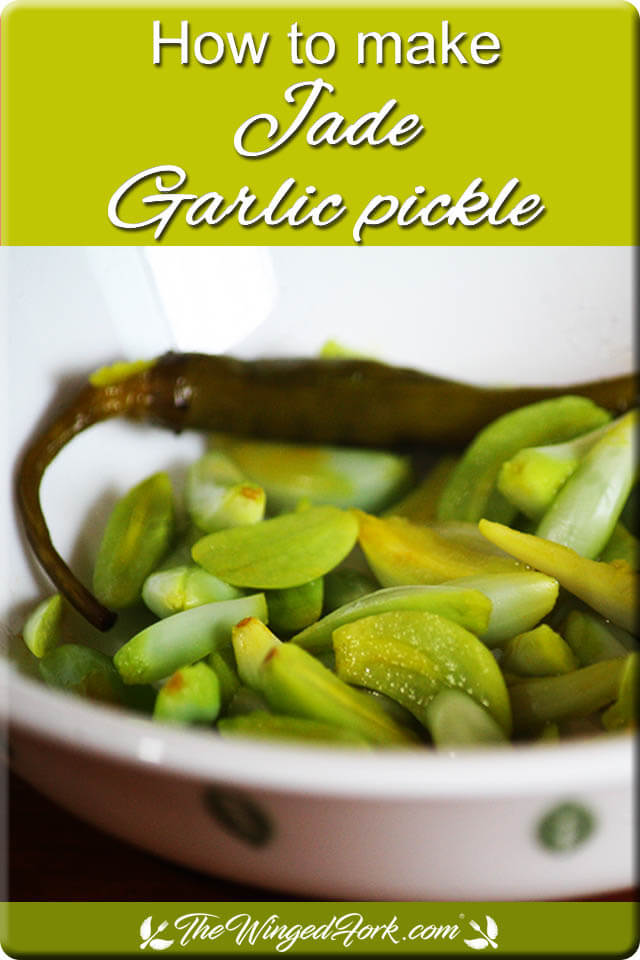 Serve the green garlic pickle in a bowl.