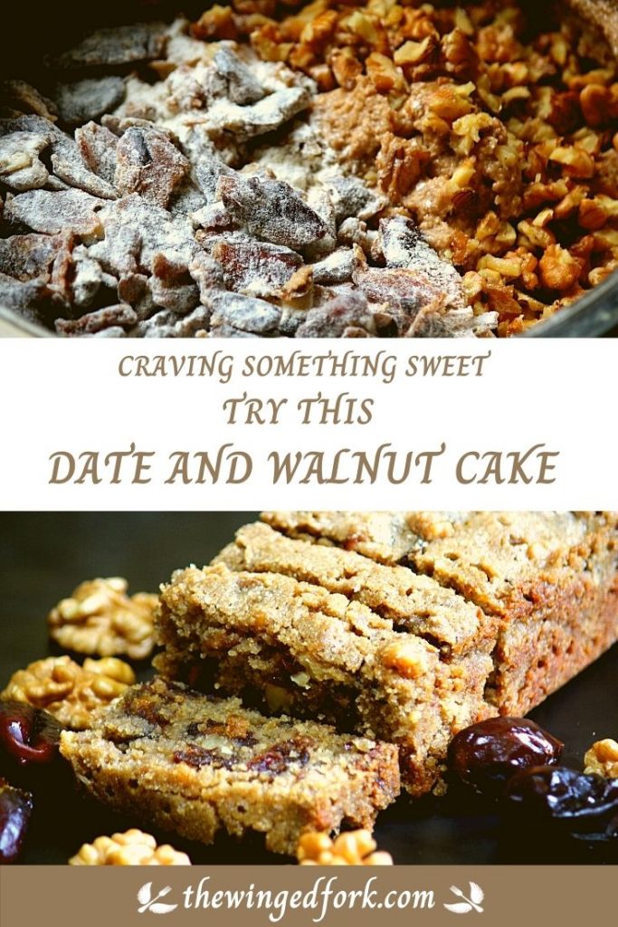 Dates walnuts and date and walnut cake on a black surface.