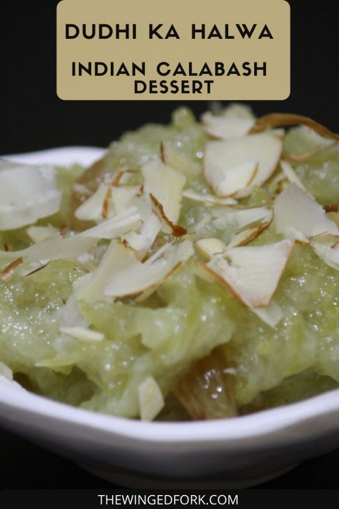 Pinterest image of Bottle gourd served in a white bowl.
