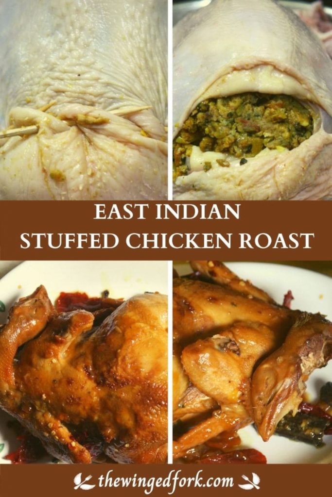 Pinterest image of steps to make East Indian Stuffed Roast chicken.