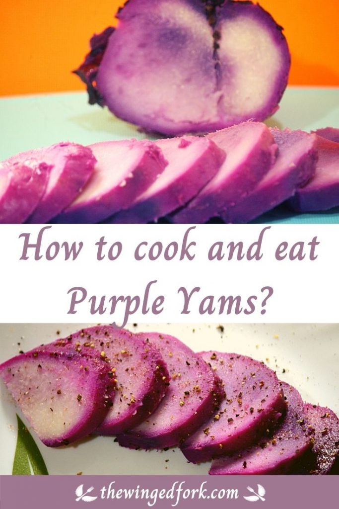 Cut purple yam a blue chopping board and purple yams sprinkled with salt and pepper on a white plate.
