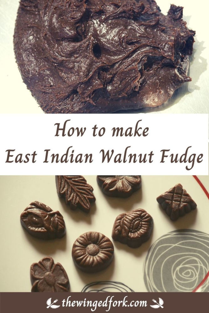 Pinterest image of a lump of fudge and Walnut fudge on a plate.