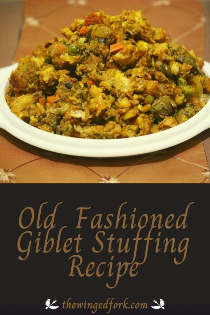 Pinterest image of Old Fashioned Giblet stuffing on a white plate.