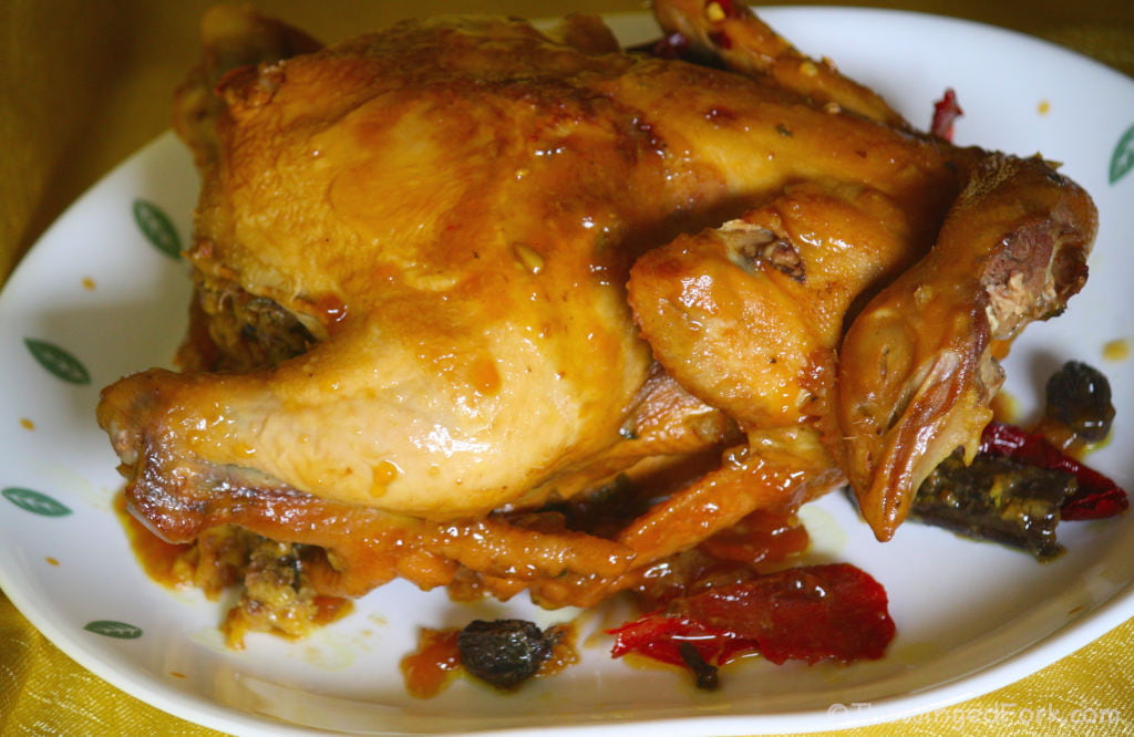 Side view of whole roast chicken stuffed with pudding on a white plate with some cardamom, cloves and red chillies.