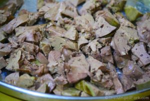 Chopped cooked liver pieces in a plate.