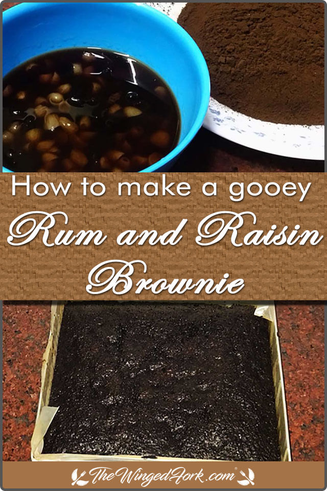 Pinterest image of rum, raisins and cocoa powder baked brownie.