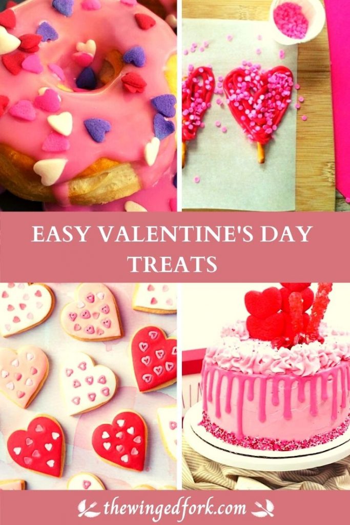 Pinterest image of pink colour deserts for valentines day like heart biscuits, doughnuts, pretzels and cake.