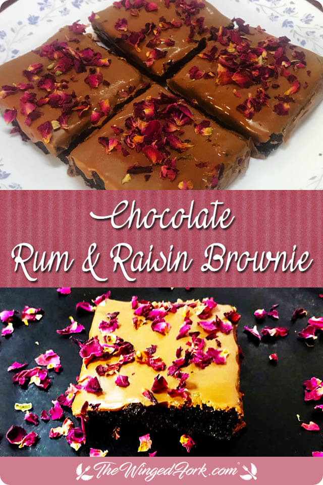 Pinterest images of Rum and raisins brownie with chocolate and rose petals.