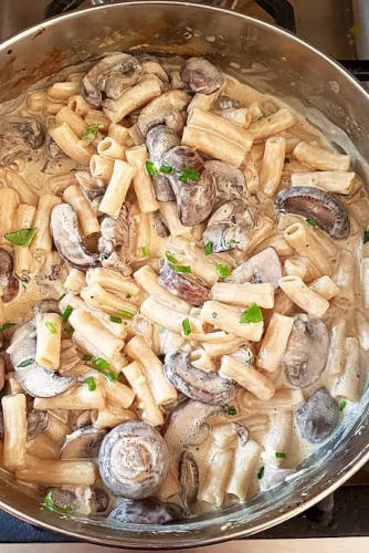 creamy mushroom pasta in a vessel.