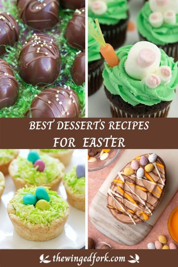 Pinterest image of Easter eggs, desserts, cakes and cupcakes.