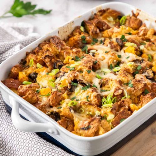 Savoury bread pudding with mushrooms and butternut squash.