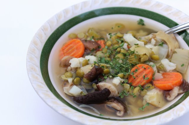 Artichoke and shiitake green split pea soup.