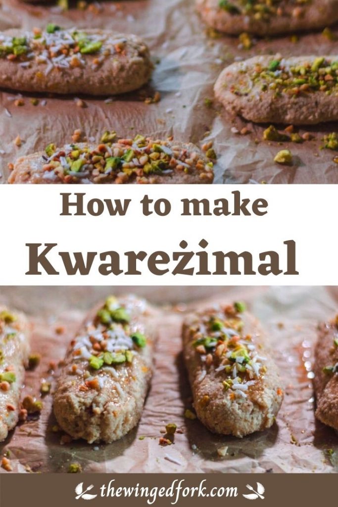 Pinterest image of Kwarezimal on a baking tray with parchment paper.