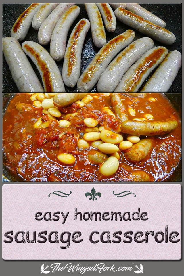 Pinterest image of fried sausages and beans added to the sausages casserole.