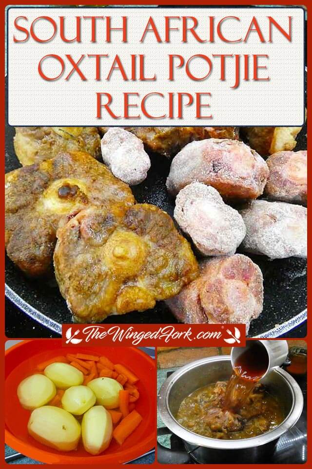 Pinterest images of fried oxtail, potato, carrot and adding spices to gravy.