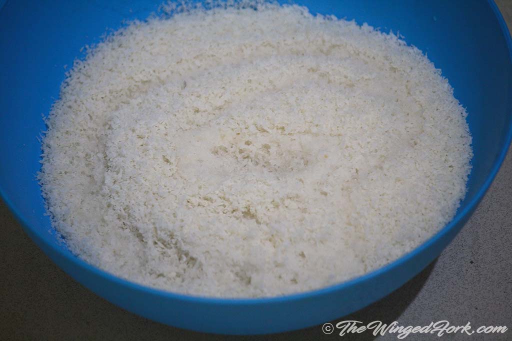 Desiccated coconut mixed with rosewater.