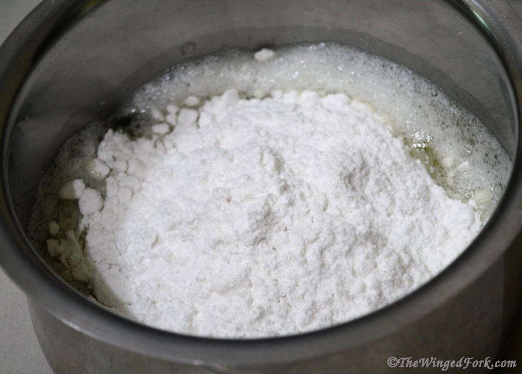 Powdered sugar added to egg whites.