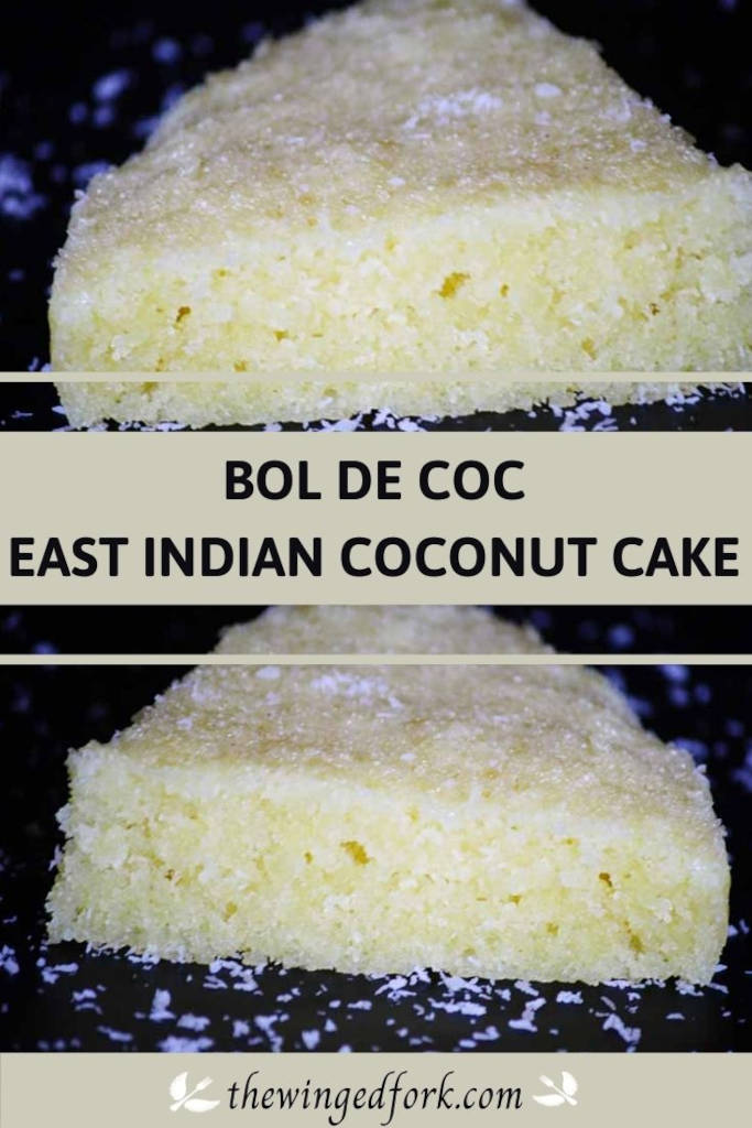 Pinterest image of wedge-shaped slices of the Bol de coc coconut cake.