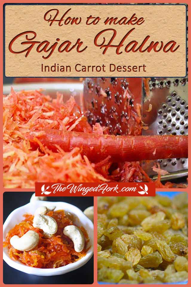 Pinterest images of grated carrots, raisins and ready Gajar Halwa.