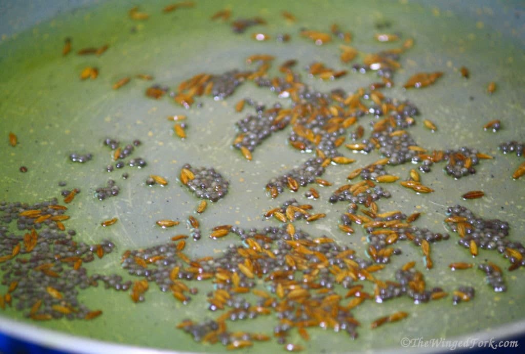 Oil, jeera and mustard seeds in a frying pan.