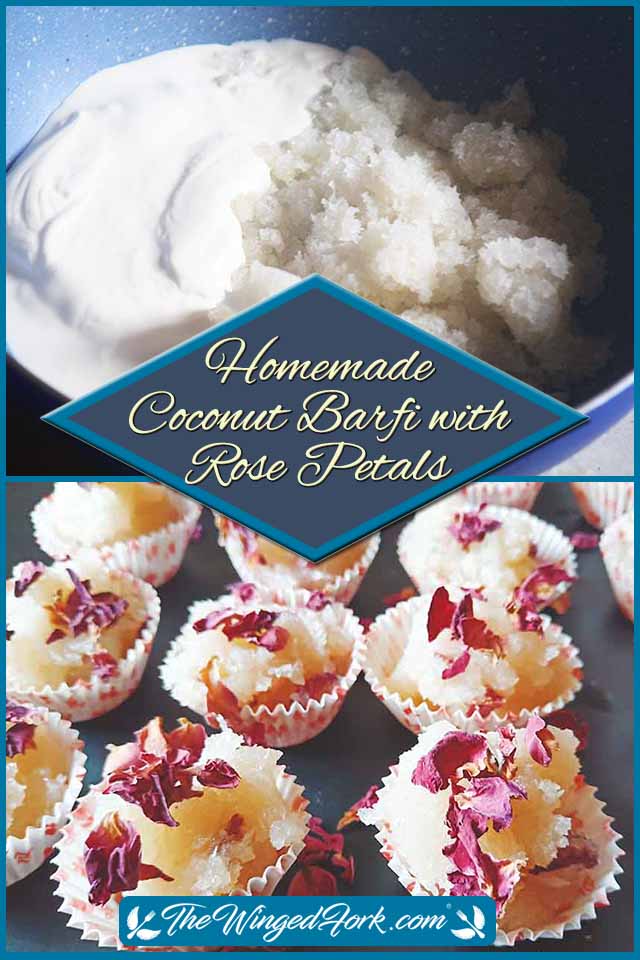 Pinterest images of cream and coconut mix and ready rose and coconut barfi.