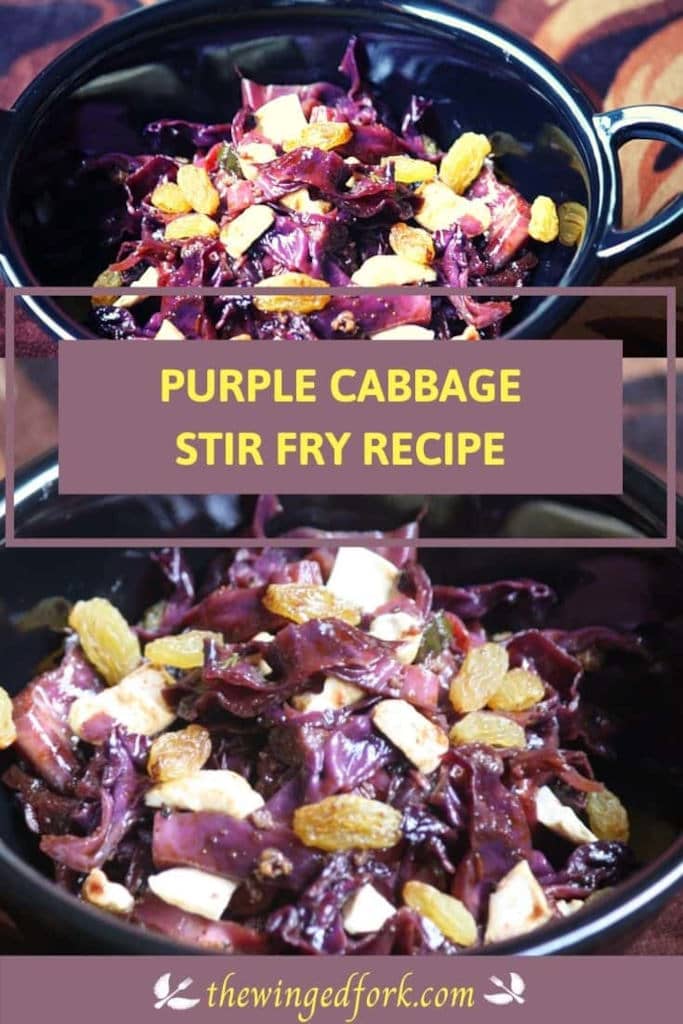 Pinterest image of purple cabbage with raisins and cashews.