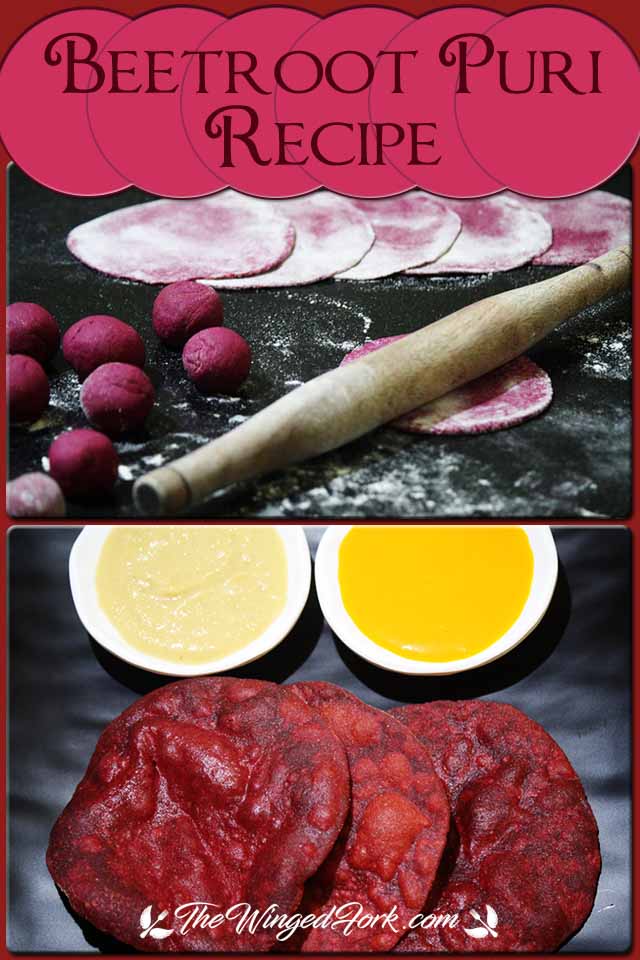 Pinterest images of round dough balls, roll pin rolling chapatis, beetroot puris with Aamras and Hummus.