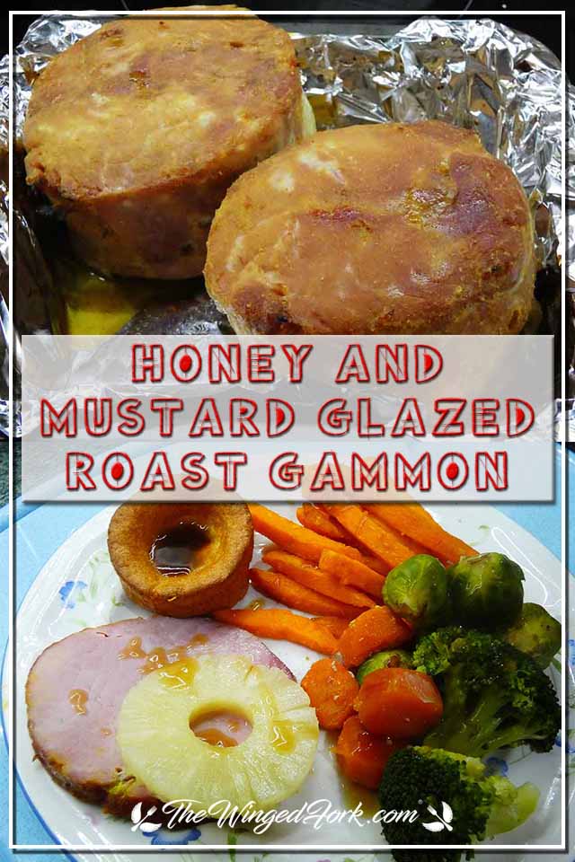 Pinterest images of cooked gammon and slice of gammon served with veggies on a plate.