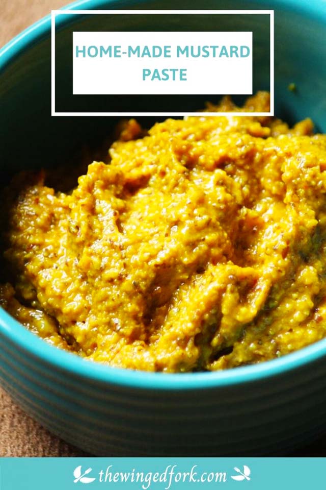 Pinterest image of Homemade Mustard Paste in a blue pot.