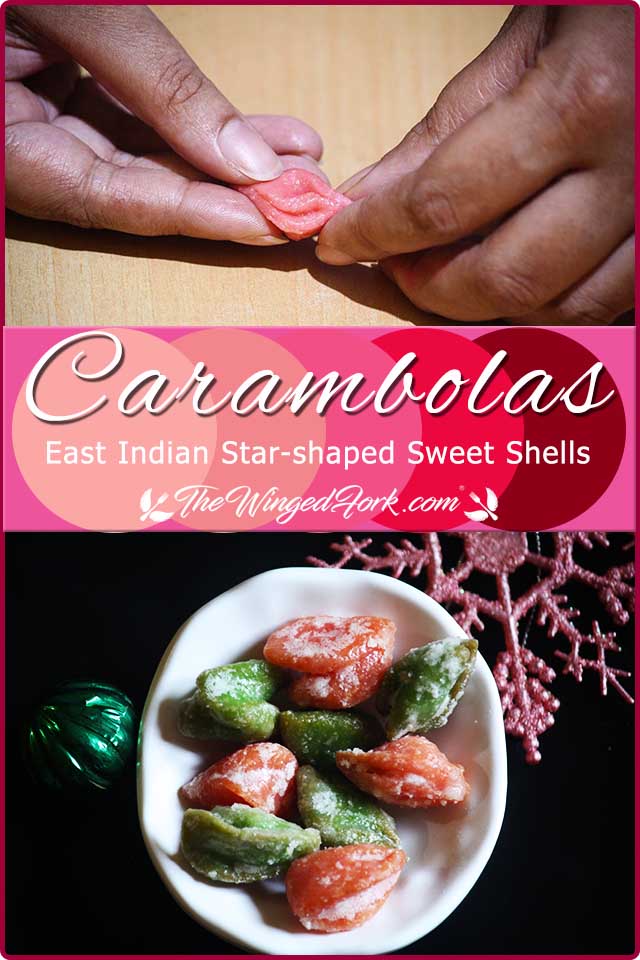 Pinterest images of carambola shapes made by hand and sweet carambola placed on white bowl.