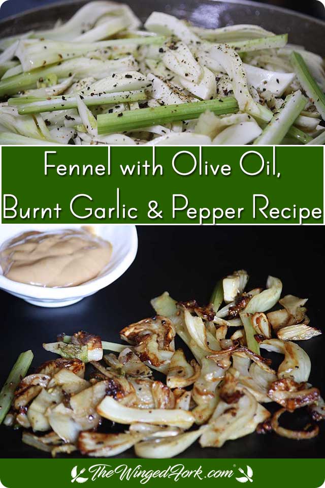 Pinterest images of pepper and fennel on pan and sauteed fennel on black plate with dip.