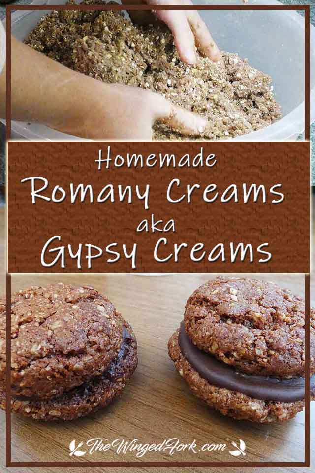 Pinterest images of Romany cream batter and 2 ready to serve cookies.