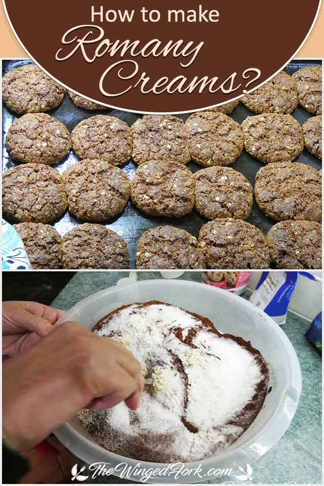 Pinterest images of baked Romany Creams on the tray and the dry ingredients for the batter being mixed by hand.