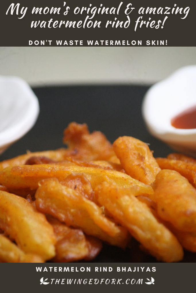 Pinterest image of watermelon rind fries with sauce and chutney.