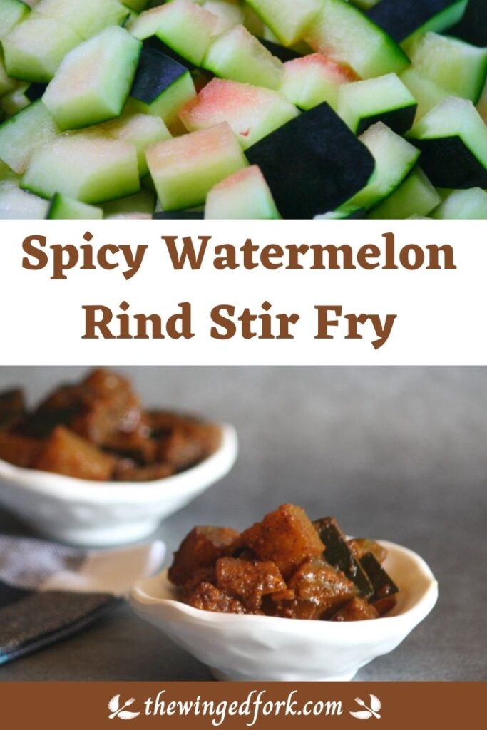 Pinterest image of Spicy watermelon rind stir fry.