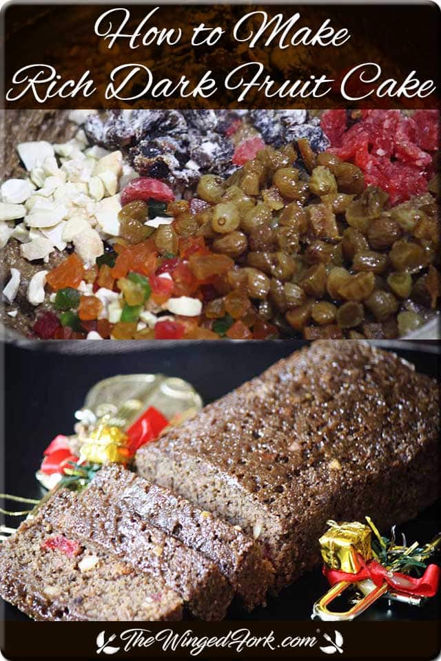 Pinterest images of dryfruits and nuts on a plate and baked rich dark fruit cake.