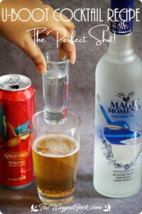 Pinterest image of holding vodka shot glass over beer glass.