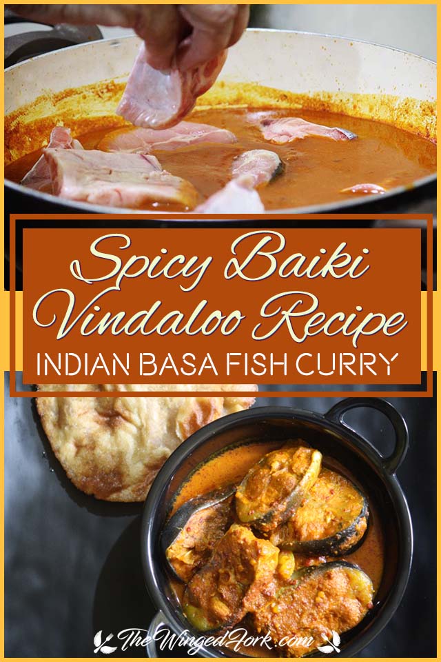 Pinterest images of adding the Indian basa to the Vindaloo curry and serve Baiki Vindaloo in a plate with puri.