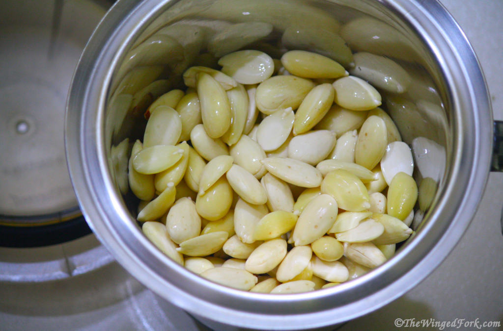 Almonds in a mixer grinder.