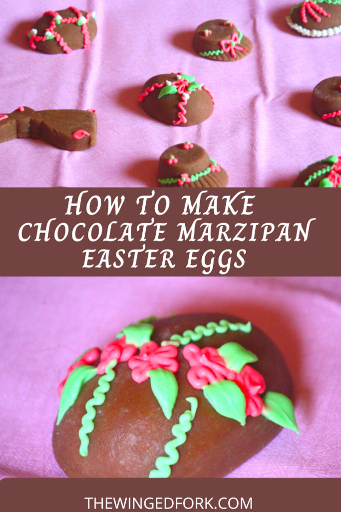 Pinterest image of How to make chocolate marzipan Easter eggs.